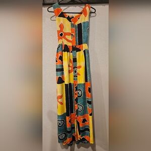 Vintage handmade colorful abstract print dress with tie back, size large